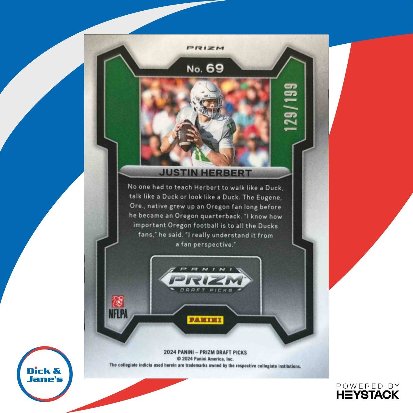 2024 Panini Prizm Collegiate Draft Picks Justin Herbert Blue /199 #69 Ducks - Sports Cards