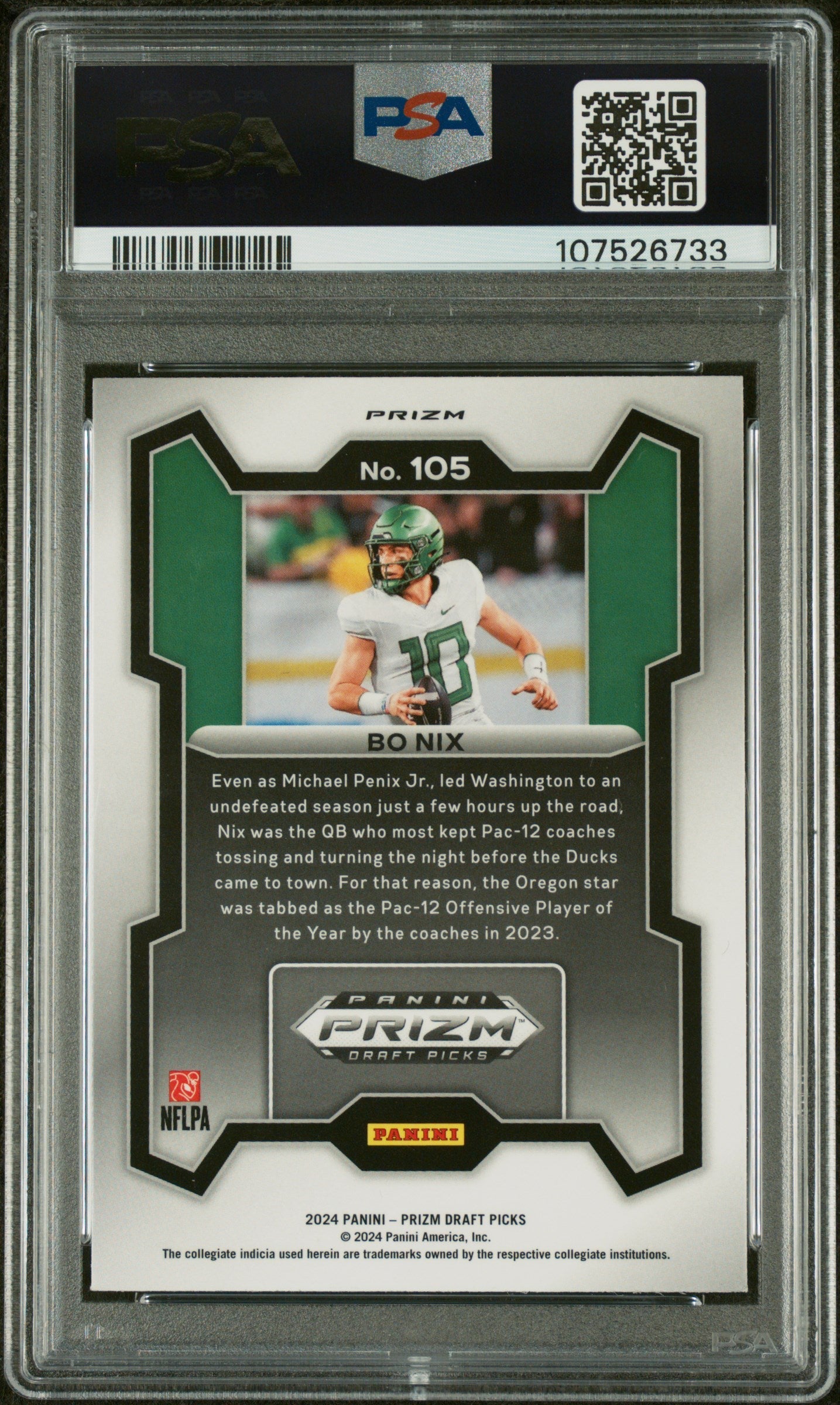 2024 Panini Prizm Draft Picks Bo Nix Purple Wave #105 PSA 9 MINT Rookie - Graded Sports Cards