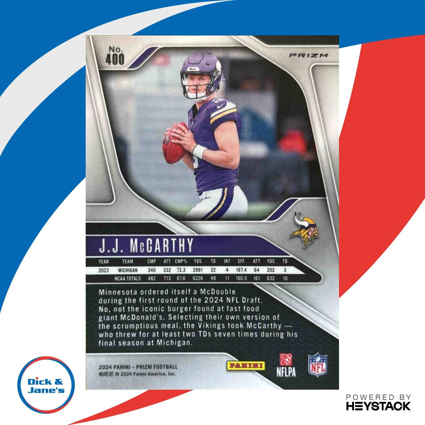 2024 Panini Prizm J.J. McCarthy Lazer #400 RC Minnesota Vikings - Sports Cards