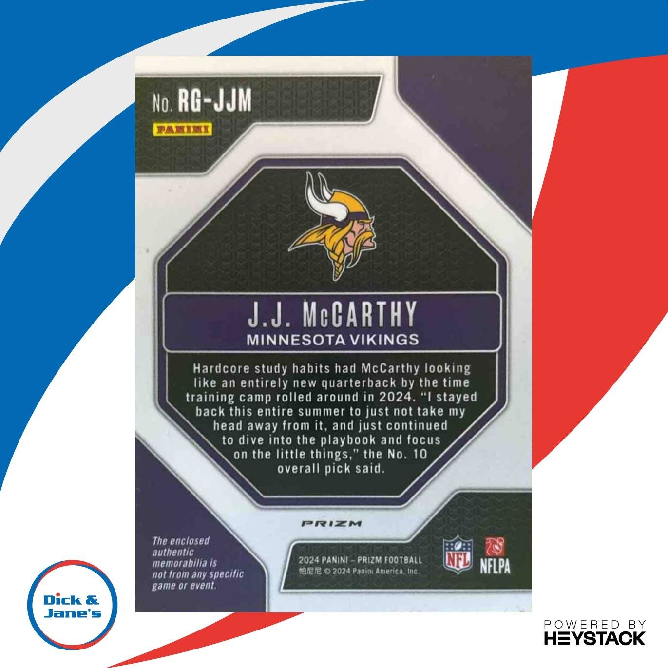 2024 Panini Prizm J.J. McCarthy Rookie Gear #RG-JJM MEM RC Minnesota Vikings - Sports Cards
