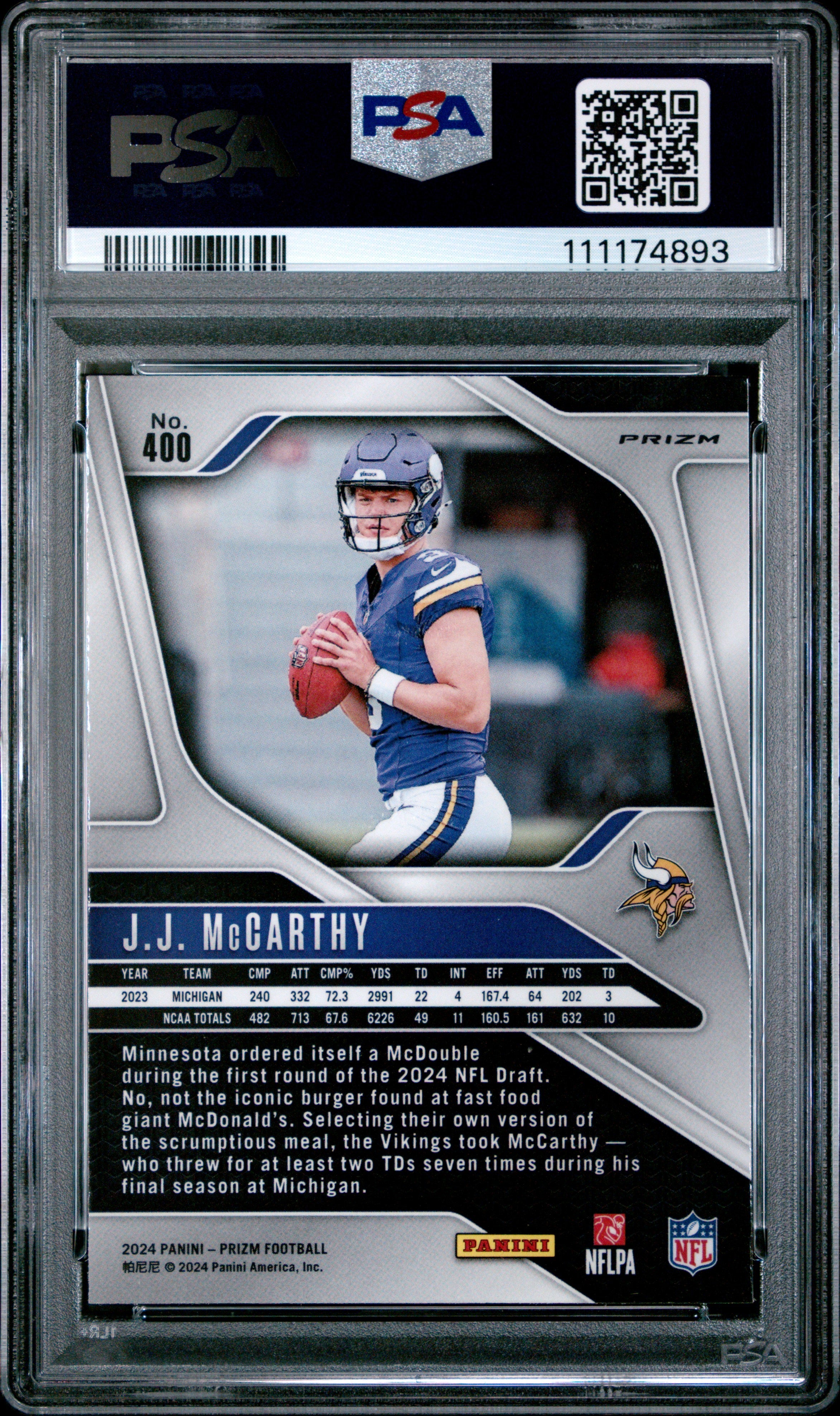 2024 Panini Prizm JJ Mccarthy Silver Rookie PSA 10 GEM MINT Minnesota Vikings - Graded Sports Cards