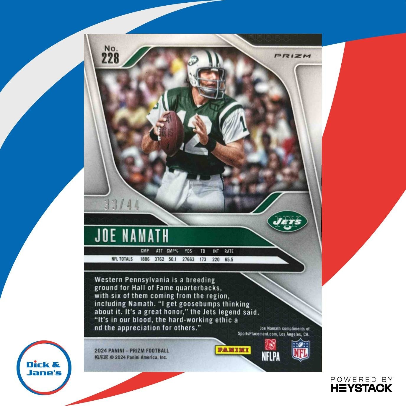 2024 Panini Prizm Joe Namath Red and Yellow 33/44 #228 New York Jets - Sports Cards