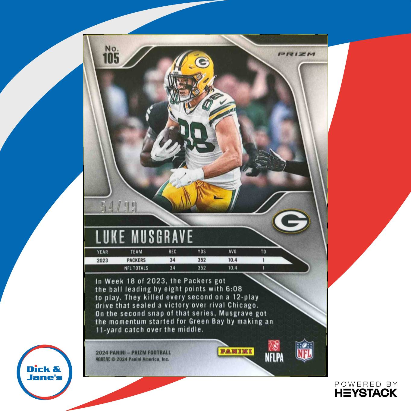 2024 Panini Prizm Luke Musgrave No Huddle Blue 54/99 #105 Green Bay Packers - Sports Cards