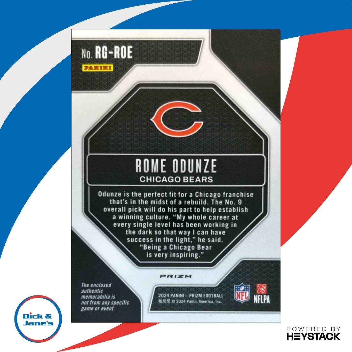 2024 Panini Prizm Rome Odunze Rookie Gear Purple Pulsar MEM RC Chicago Bears - Sports Cards
