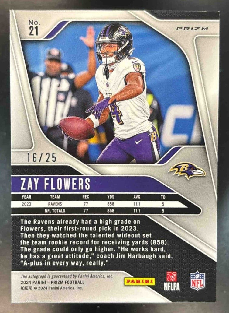 2024 Panini Prizm Zay Flowers Auto Blue Shimmer /25 #21 Baltimore Ravens - Sports Cards