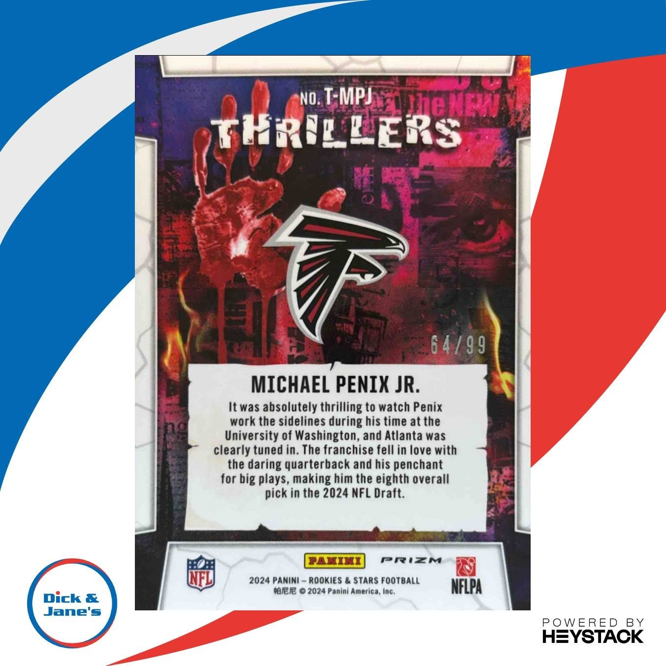 2024 Panini Rookies & Stars Michael Penix Jr. Thrillers Red 64/99 RC Falcons - Sports Cards