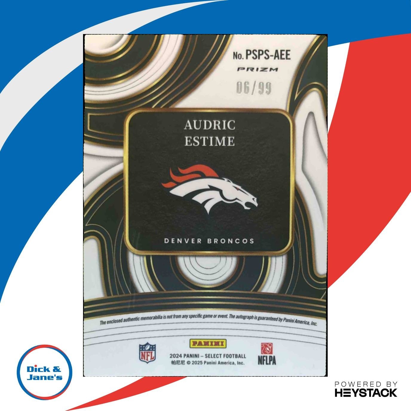 2024 Panini Select Audric Estime Prime Selections Patch Auto /99 MEM RC Broncos - Sports Cards