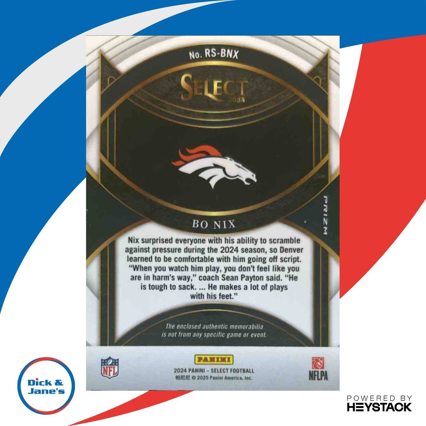 2024 Panini Select Bo Nix Rookie Swatches Red Prizm MEM RC Denver Broncos - Sports Cards