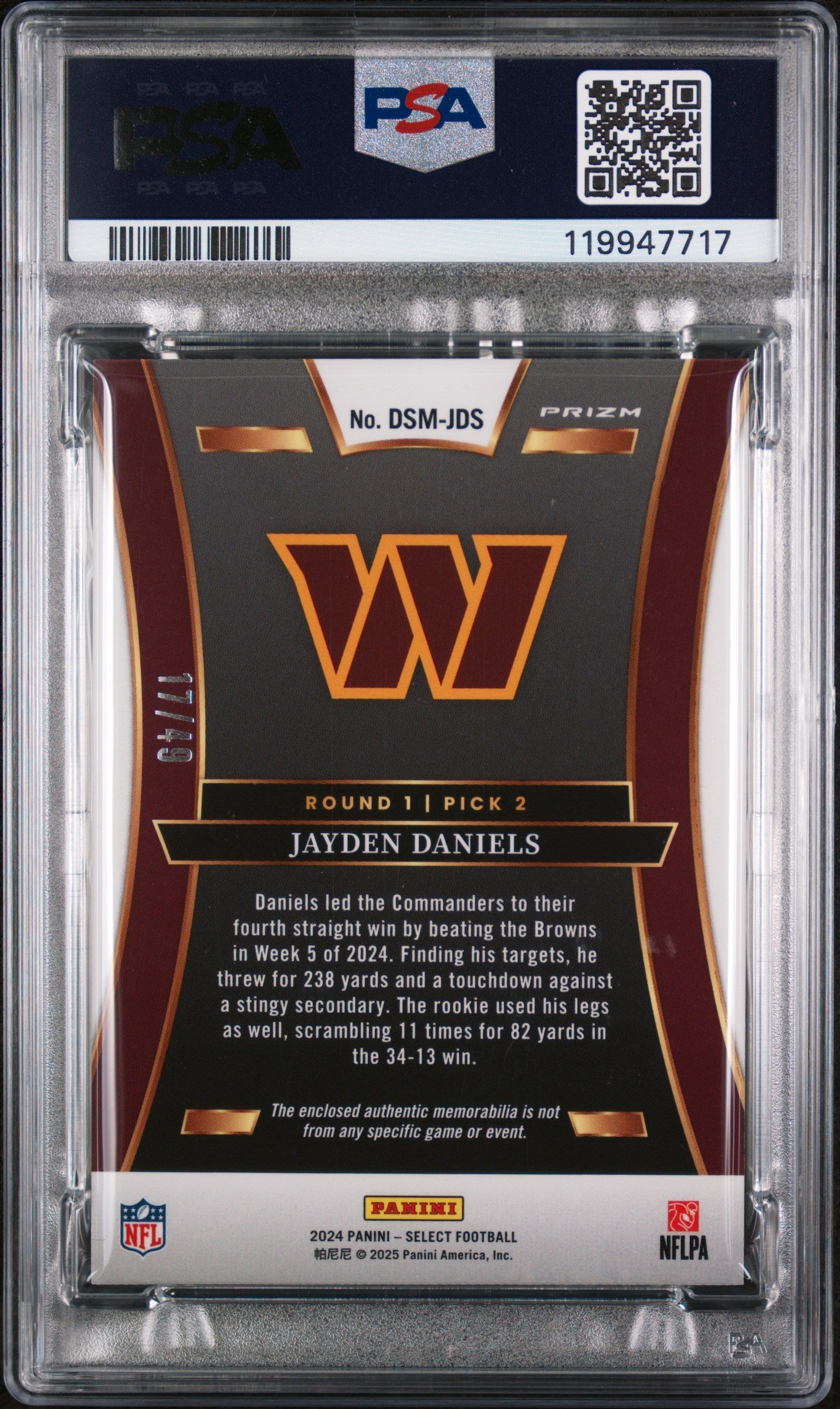 2024 Panini Select Draft Selections Memorabilia Jayden Daniels /49 PSA 9 - Graded Sports Cards