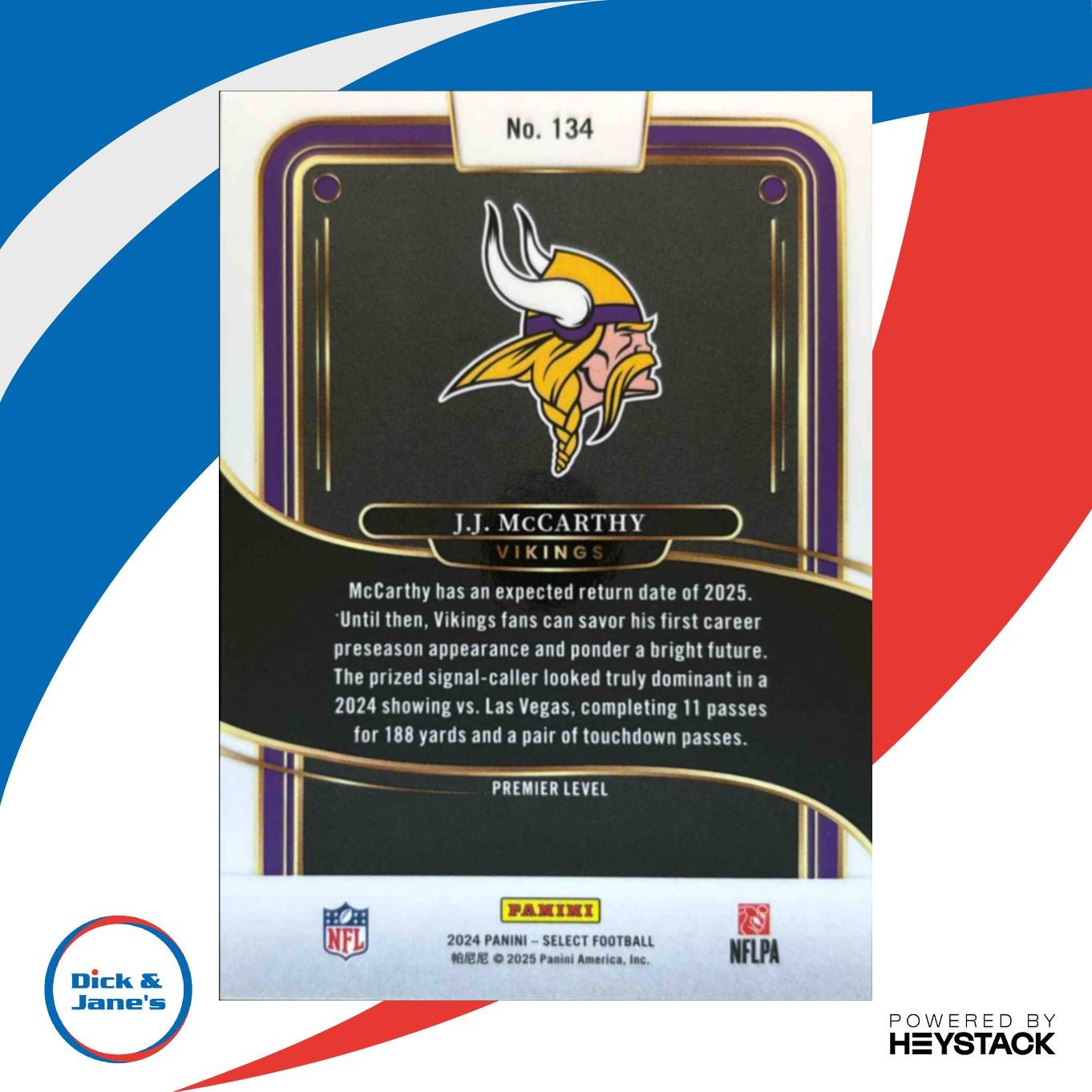 2024 Panini Select J.J. McCarthy Premier #134 RC Minnesota Vikings - Sports Cards