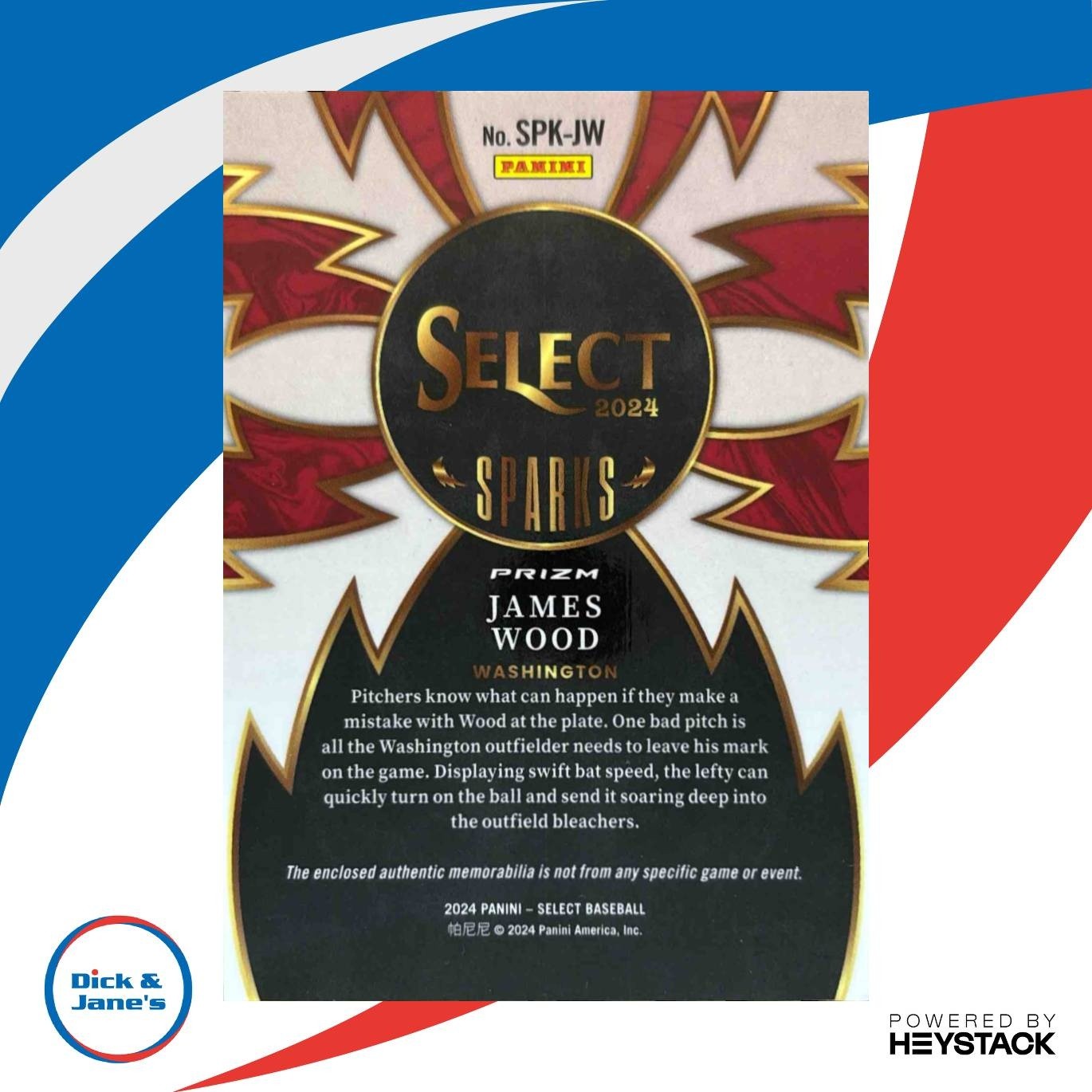 2024 Panini Select James Wood Sparks Relics #SPK-JW MEM Washington Nationals - Sports Cards