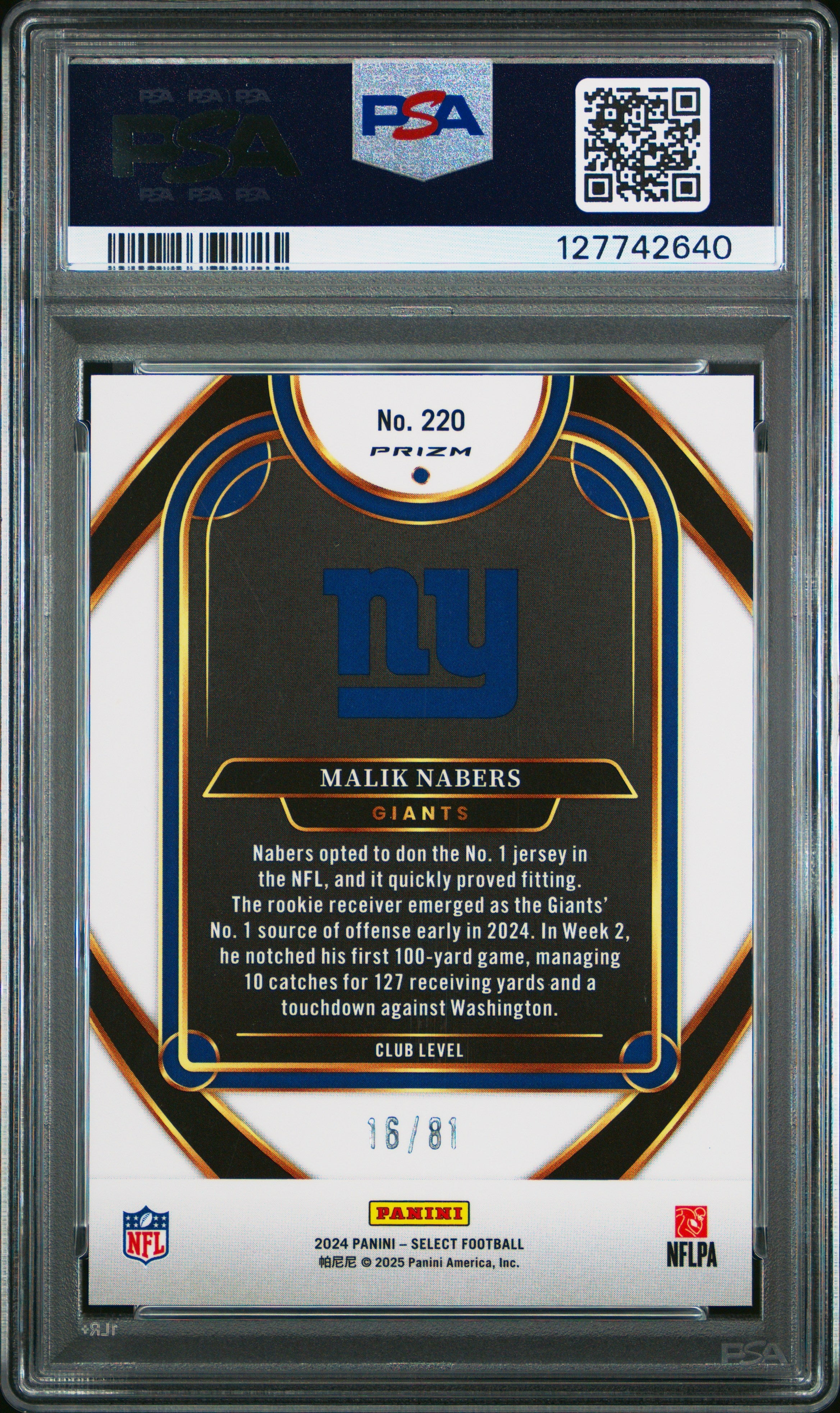 2024 Panini Select Malik Nabers Dragon Scale Prizm 16/81 Rookie #220 PSA 9 MINT - Graded Sports Cards