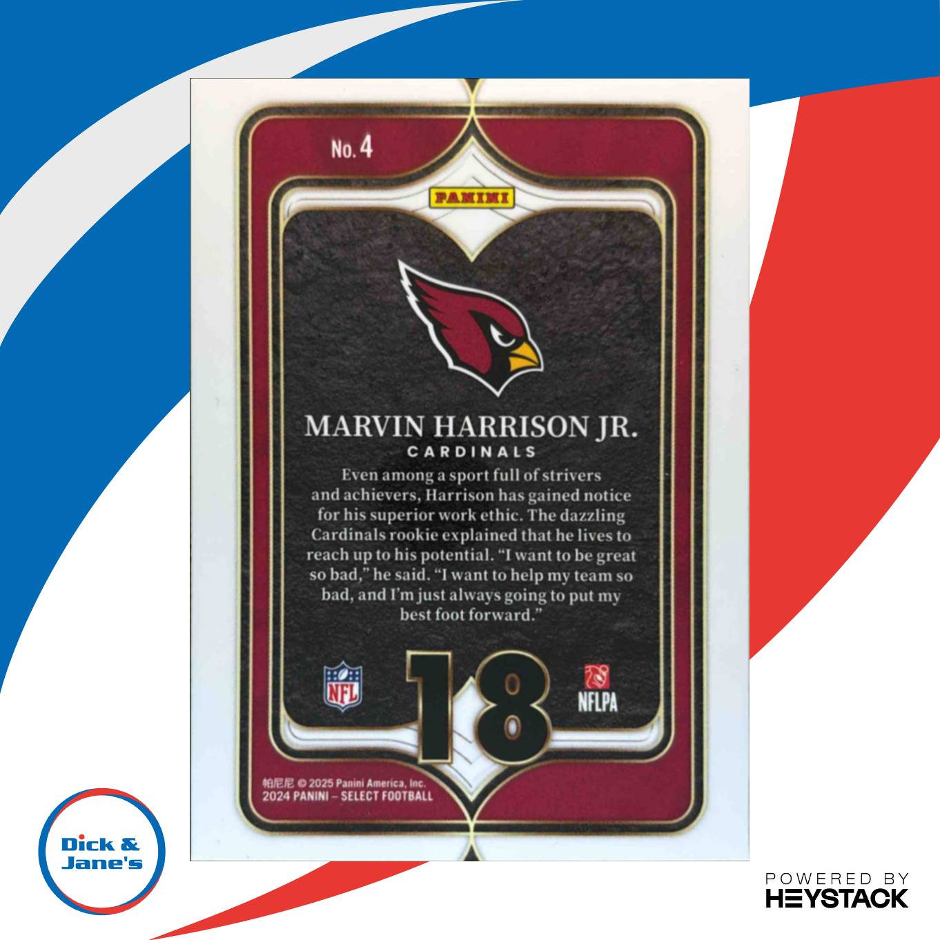2024 Panini Select Marvin Harrison Jr. Numbers #4 RC Arizona Cardinals - Sports Cards