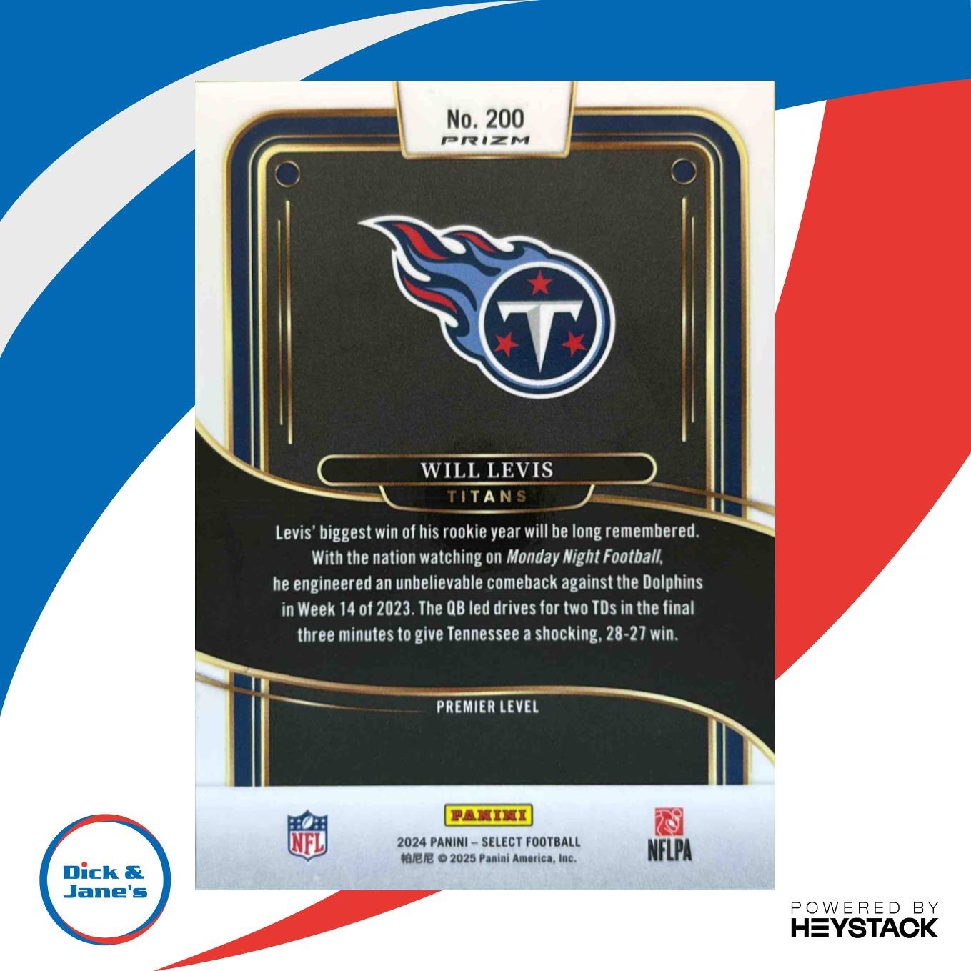 2024 Panini Select Will Levis Premier Zebra Prizm #200 Tennessee Titans - Sports Cards