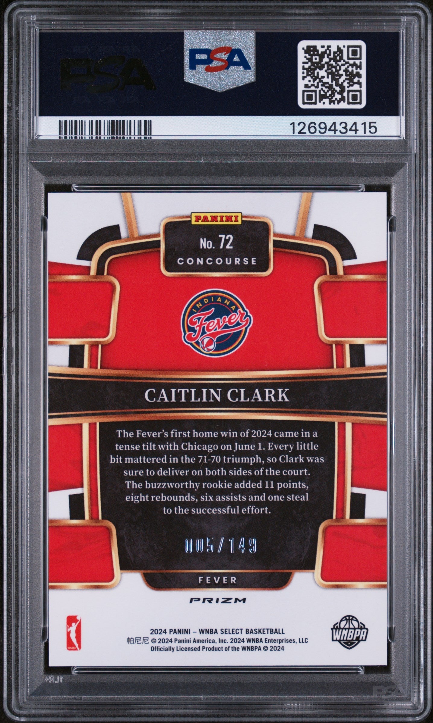 2024 Panini Select WNBA Caitlin Clark Purple Ice Rookie 005/149 #72 PSA 10 GEM - Graded Sports Cards