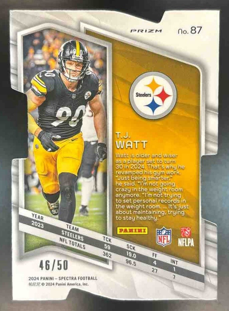 2024 Panini Spectra T.J. Watt Neon Blue Die-Cut /50 #87 Pittsburgh Steelers - Sports Cards