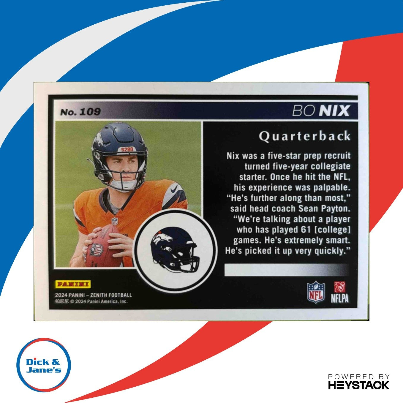 2024 Panini Zenith Bo Nix 2nd Down Purple 50/50 #109 RC Denver Broncos - Sports Cards