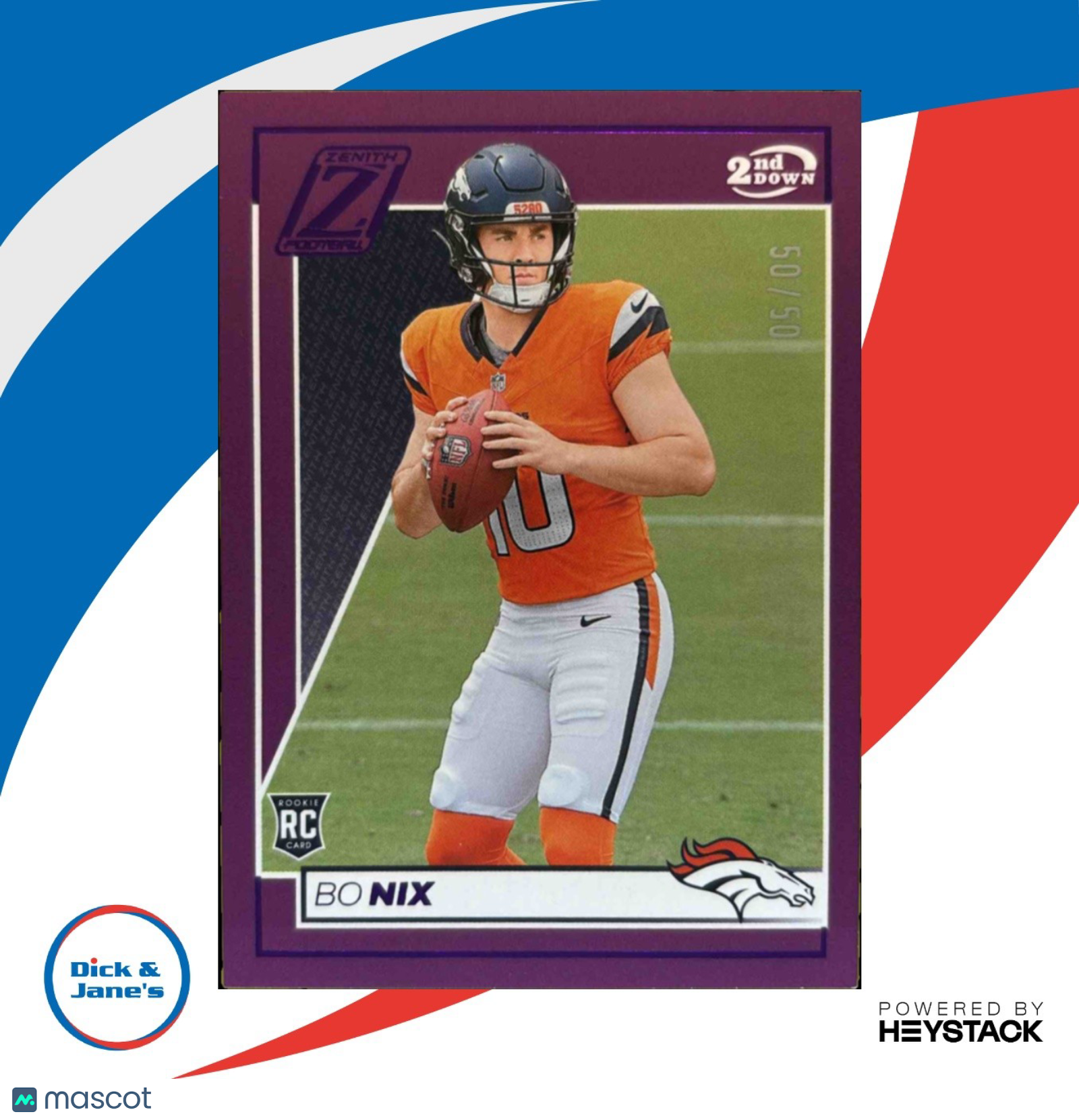 2024 Panini Zenith Bo Nix 2nd Down Purple 50/50 #109 RC Denver Broncos - Sports Cards