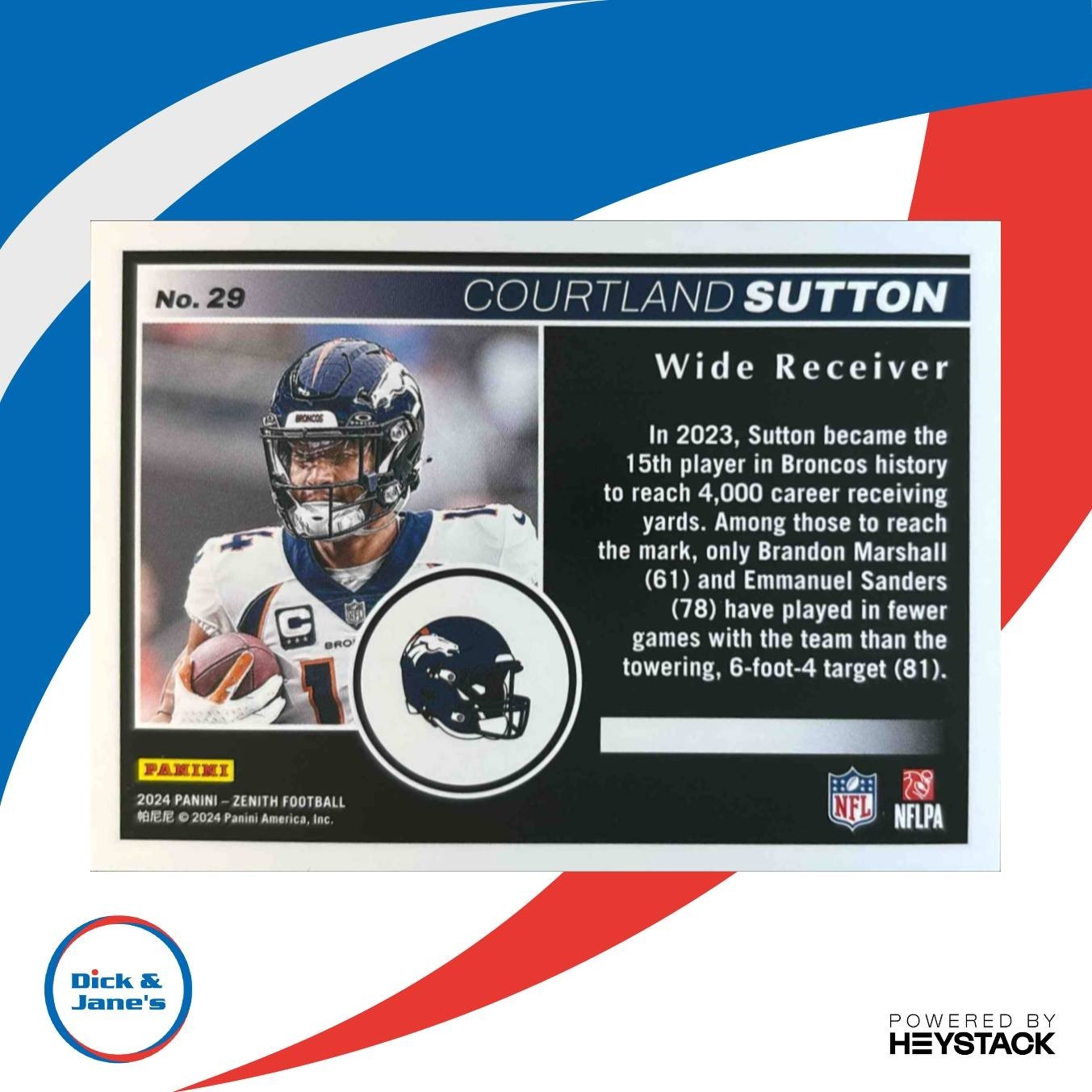 2024 Panini Zenith Courtland Sutton Blue Red Zone 14/25 #29 Denver Broncos - Sports Cards