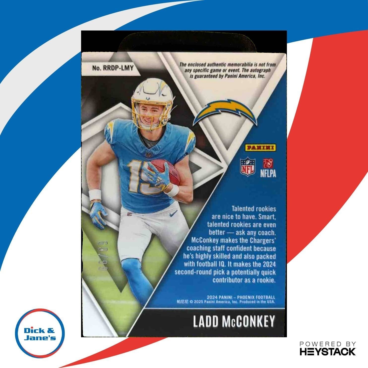 2024 Phoenix Ladd McConkey Rising Rookie Dual Patch Auto Red /99 RC Chargers - Sports Cards