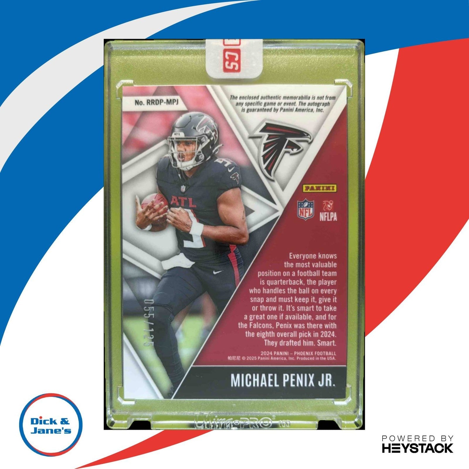 2024 Phoenix Michael Penix Jr Rising Rookie Dual Patch Auto Silver 55/125 RC ATL - Sports Cards