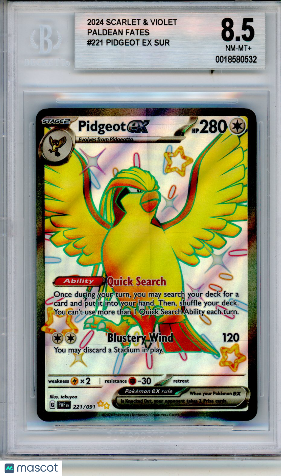 2024 Pokemon Scarlet and Violet Paldean Fates Pidgeot ex SHINY UR #221 BGS 8.5 - Graded TCG/CCG