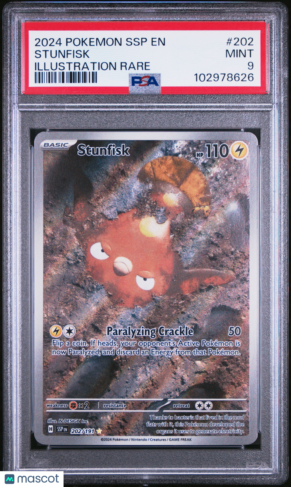 2024 Pokemon Surging Sparks Stunfisk #202 Illustration Rare PSA 9 MINT - Graded TCG/CCG