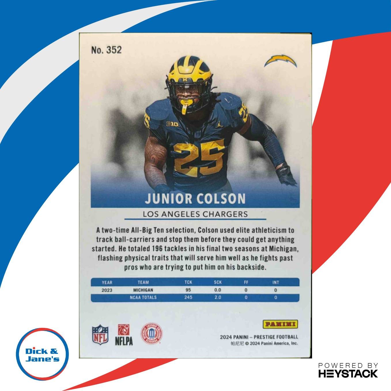 2024 Prestige Junior Colson Blue Xtra Points 11/599 #352 RC Los Angeles Chargers - Sports Cards