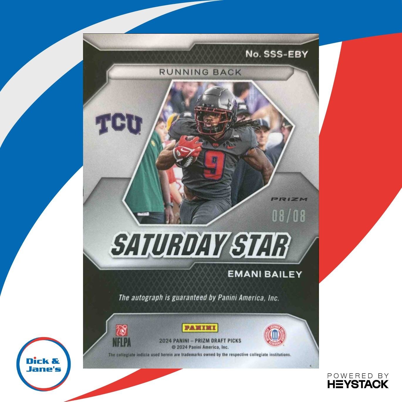 2024 Prizm Collegiate Emani Bailey Saturday Star AUTOS Green Shimmer /8 RC Frogs - Sports Cards