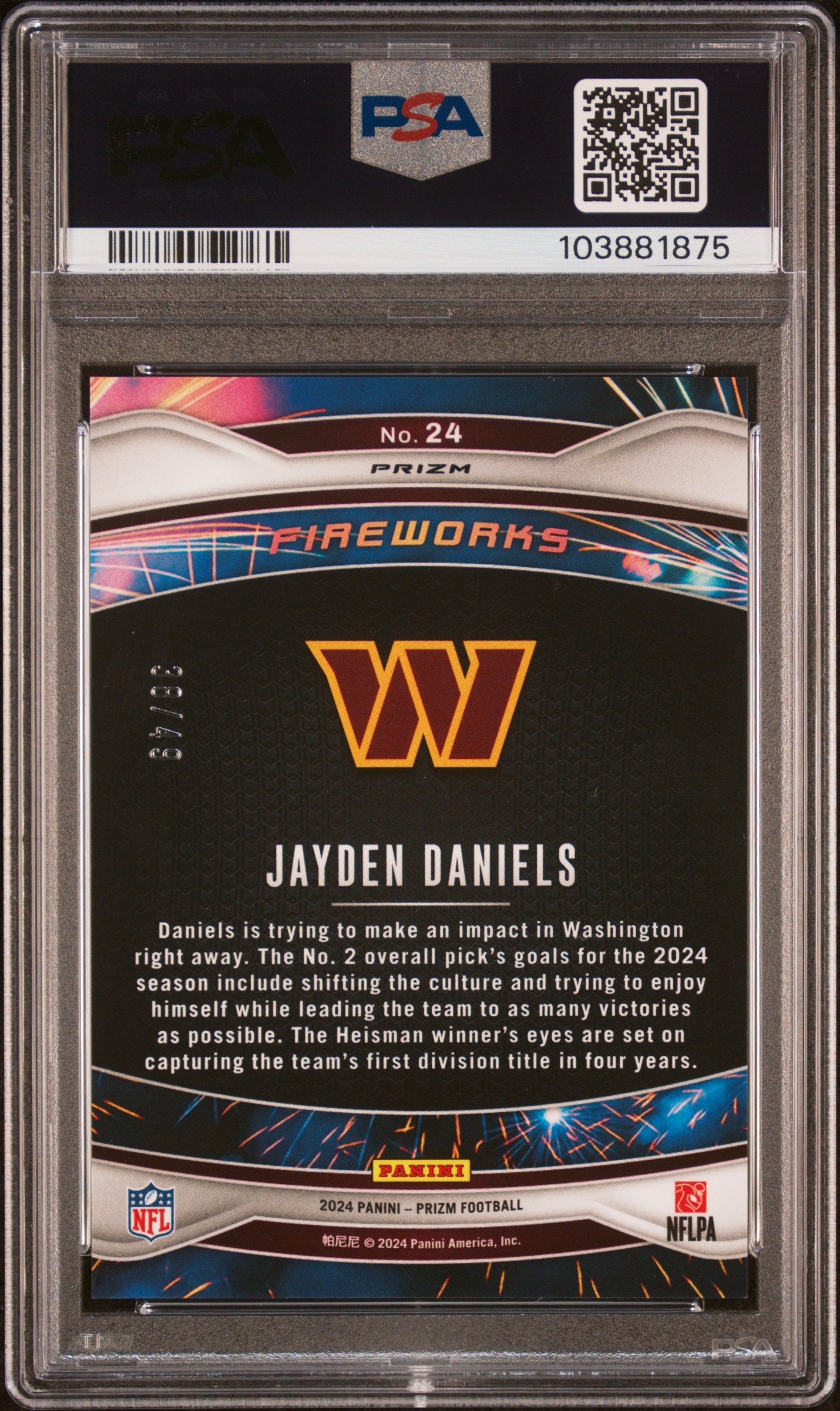 2024 Prizm Fireworks Jayden Daniels Rookie Purple Power /49 PSA 10 Washington Graded Sports Cards