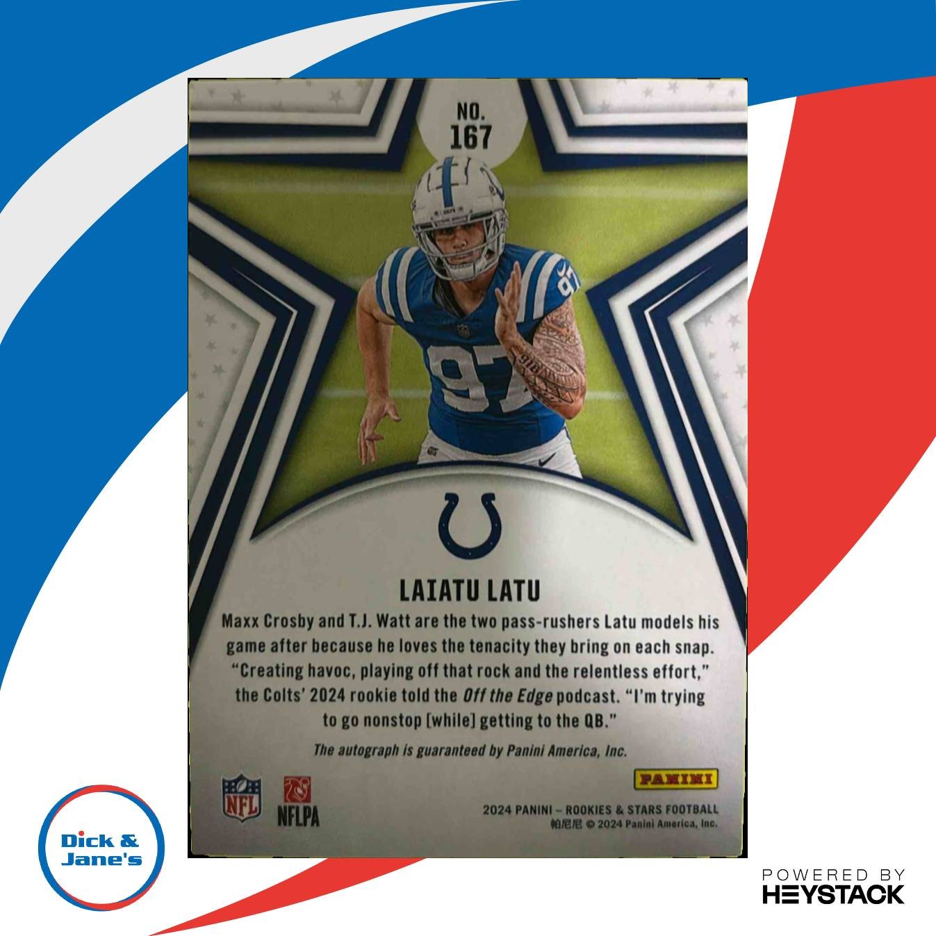 2024 Rookies & Stars Laiatu Latu Signatures True Blue 5/99 #167 RC Auto Colts - Sports Cards