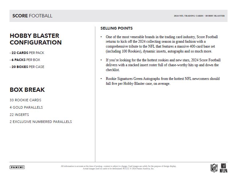 2024 Score Football Hobby Blaster Box (4 Parallels plus 2 Numbered Cards) - NFL Blaster