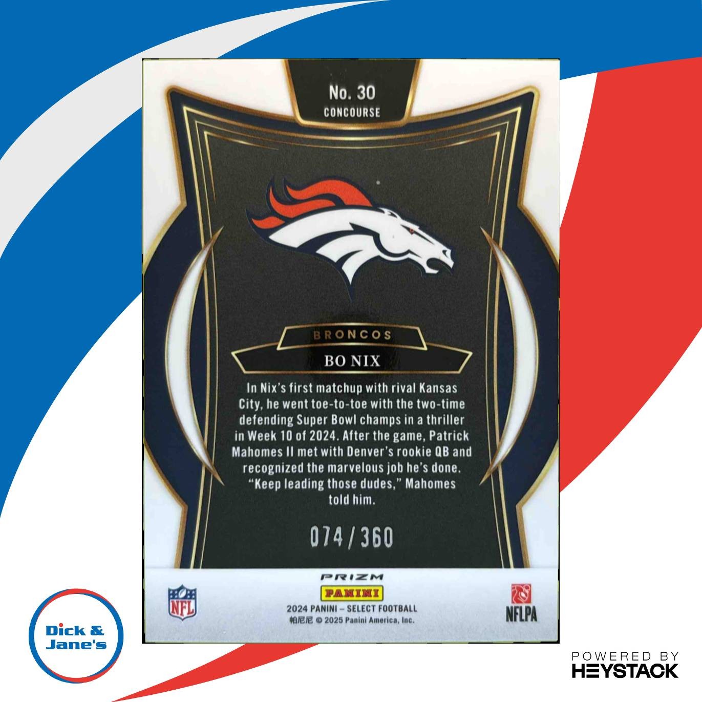 2024 Select Bo Nix Concourse Purple Prizm Shock 74/360 #30 RC Denver Broncos - Sports Cards