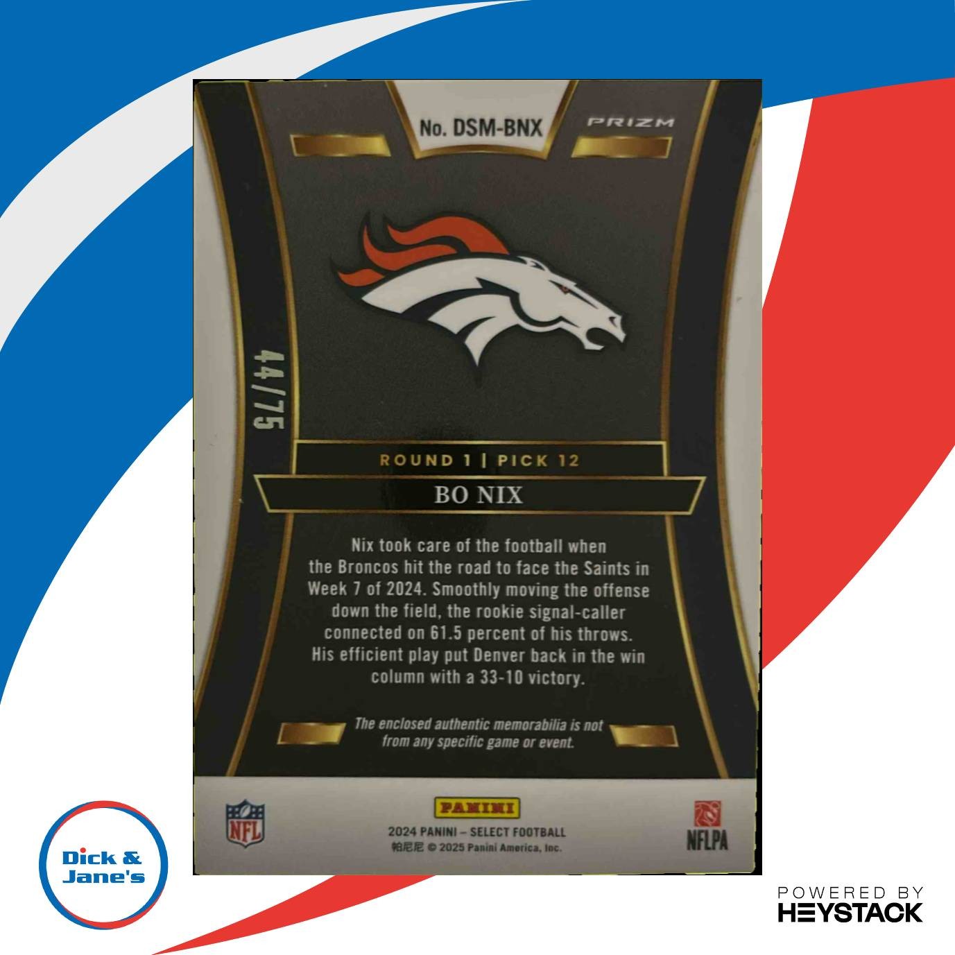 2024 Select Bo Nix Draft Selections Memorabilia White Prizm 44/75 Denver Broncos - Sports Cards