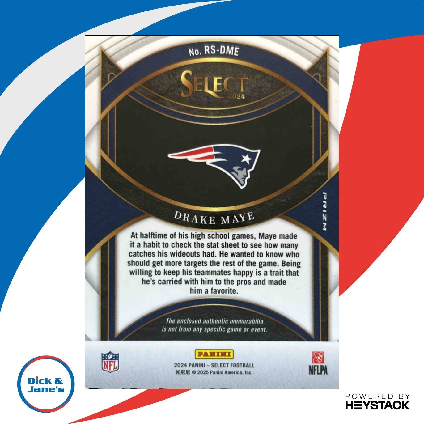 2024 Select Drake Maye Rookie Swatches Red Prizm RC New England Patriots - Sports Cards