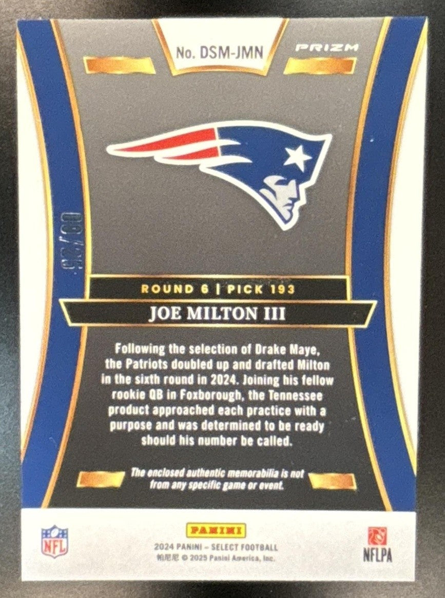2024 Select Joe Milton III Draft Selections Patch Tie Dye /25 MEM RC Patriots - Sports Cards