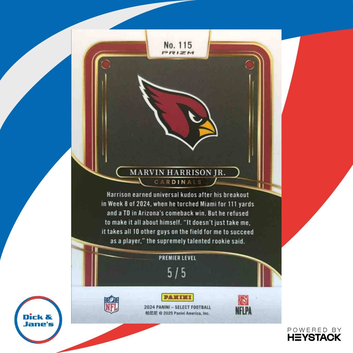 2024 Select Marvin Harrison Jr. Premier Green Prizm Shock 5/5 #115 RC Cardinals - Sports Cards