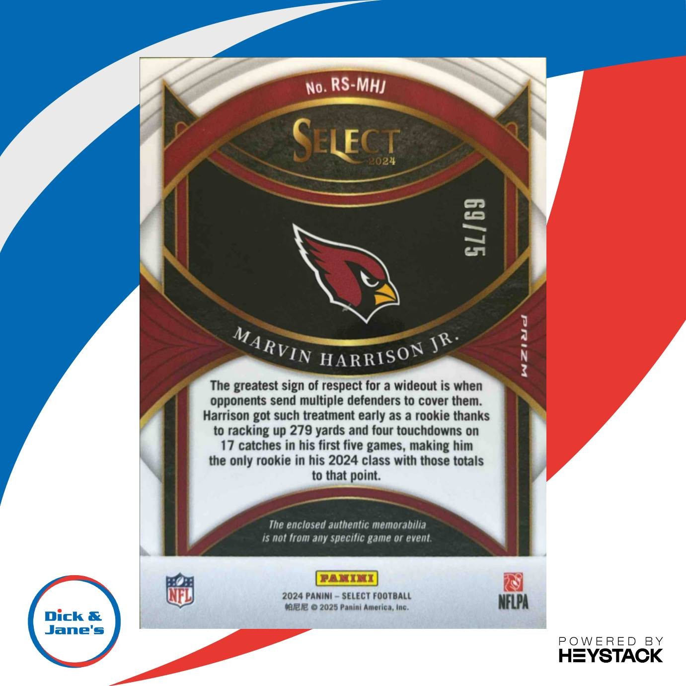 2024 Select Marvin Harrison Jr. Rookie Swatches White Prizm 69/75 RC Cardinals - Sports Cards