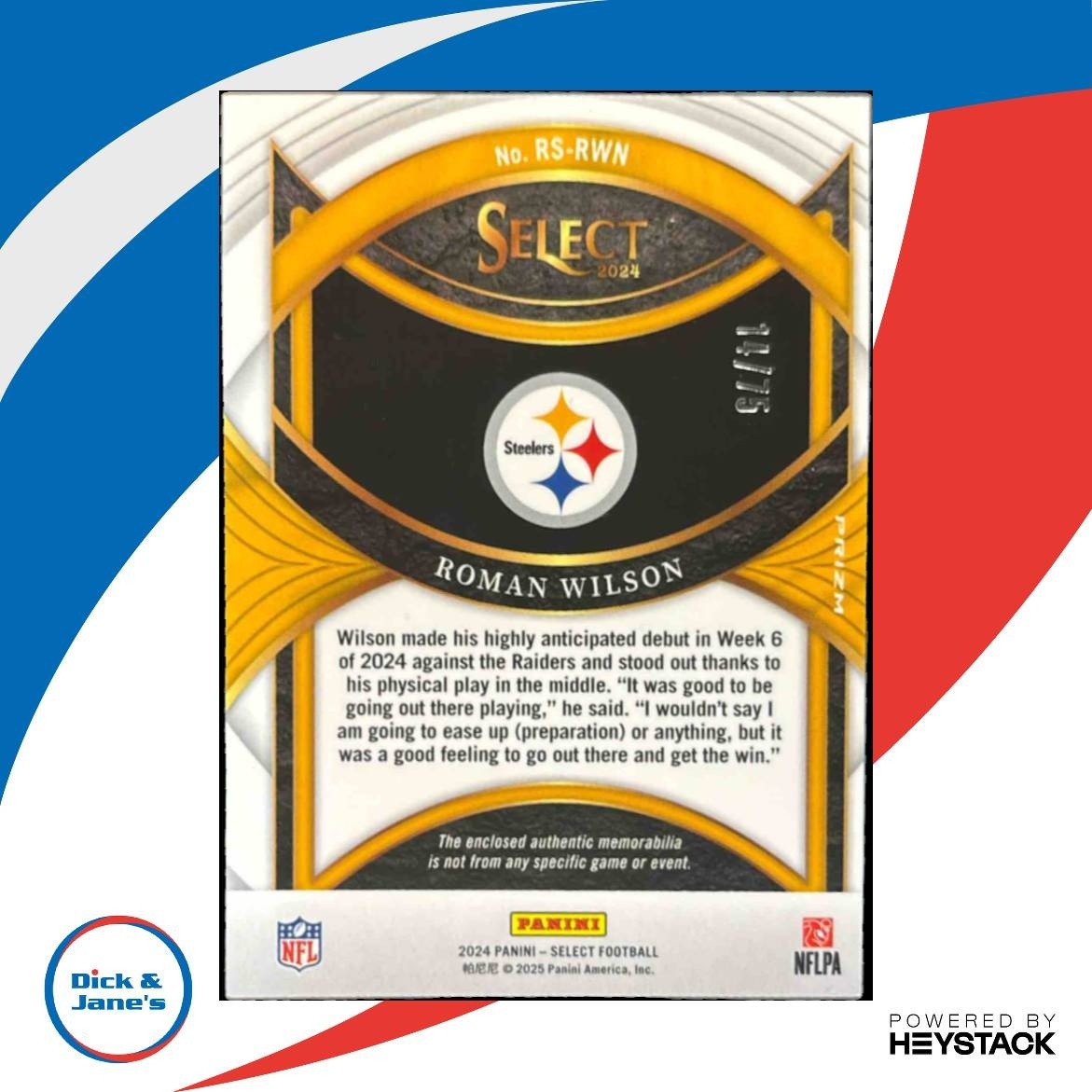 2024 Select Roman Wilson Rookie Swatches White /75 MEM RC Pittsburgh Steelers - Sports Cards