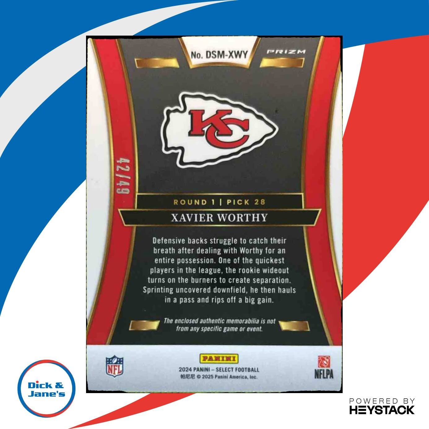 2024 Select Xavier Worthy Draft Selections Memorabilia Copper /49 RC Chiefs - Sports Cards