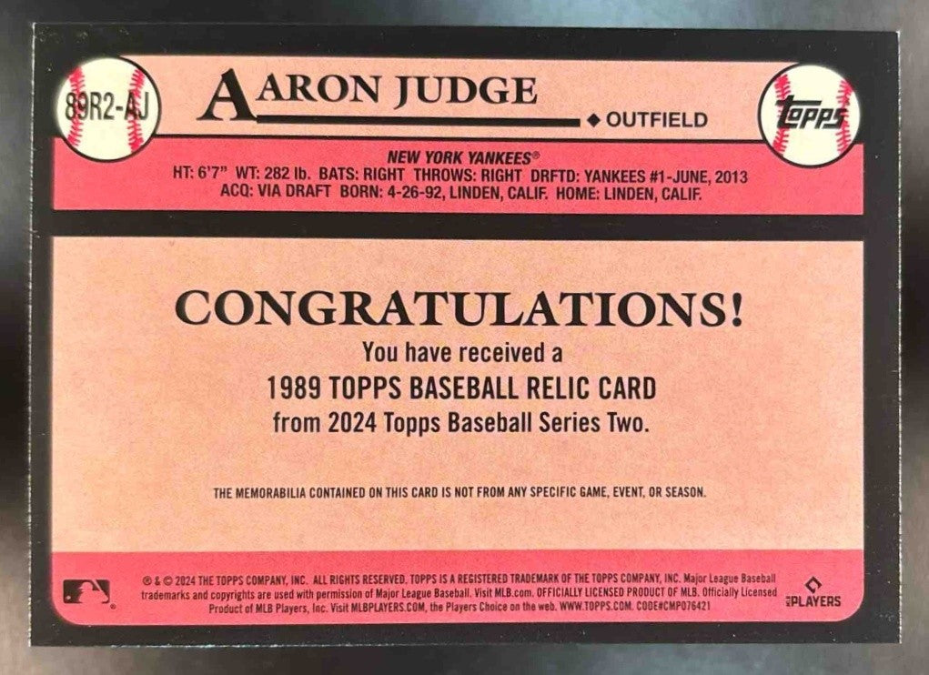 2024 Topps Aaron Judge 1989 Baseball 35th Anniversary Relic MEM New York Yankees - Sports Cards