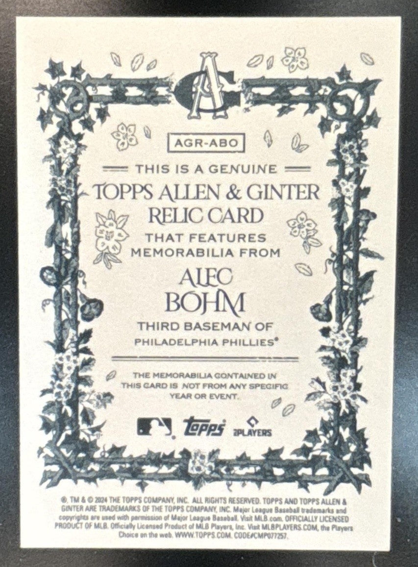 2024 Topps Allen & Ginter Alec Bohm Relics #AGR-ABO MEM Philadelphia Phillies - Sports Cards