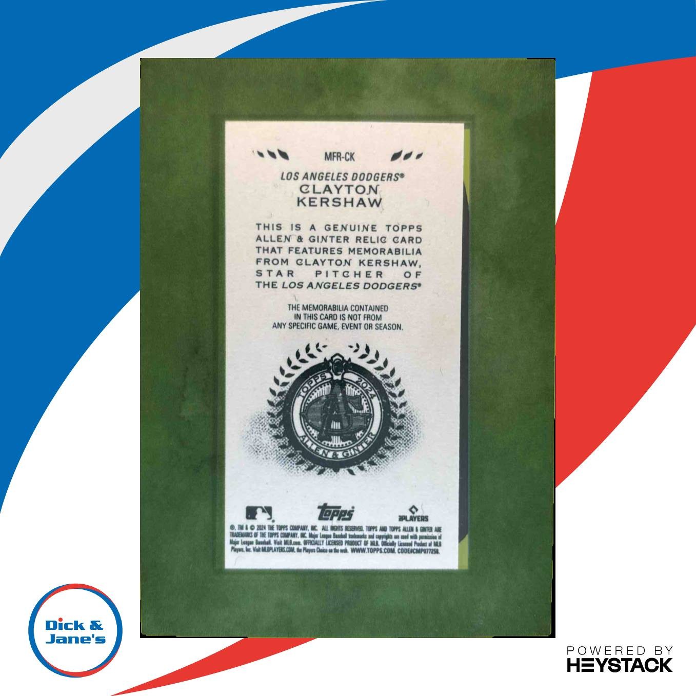 2024 Topps Allen & Ginter Clayton Kershaw Mini Framed Relics Los Angeles Dodgers - Sports Cards