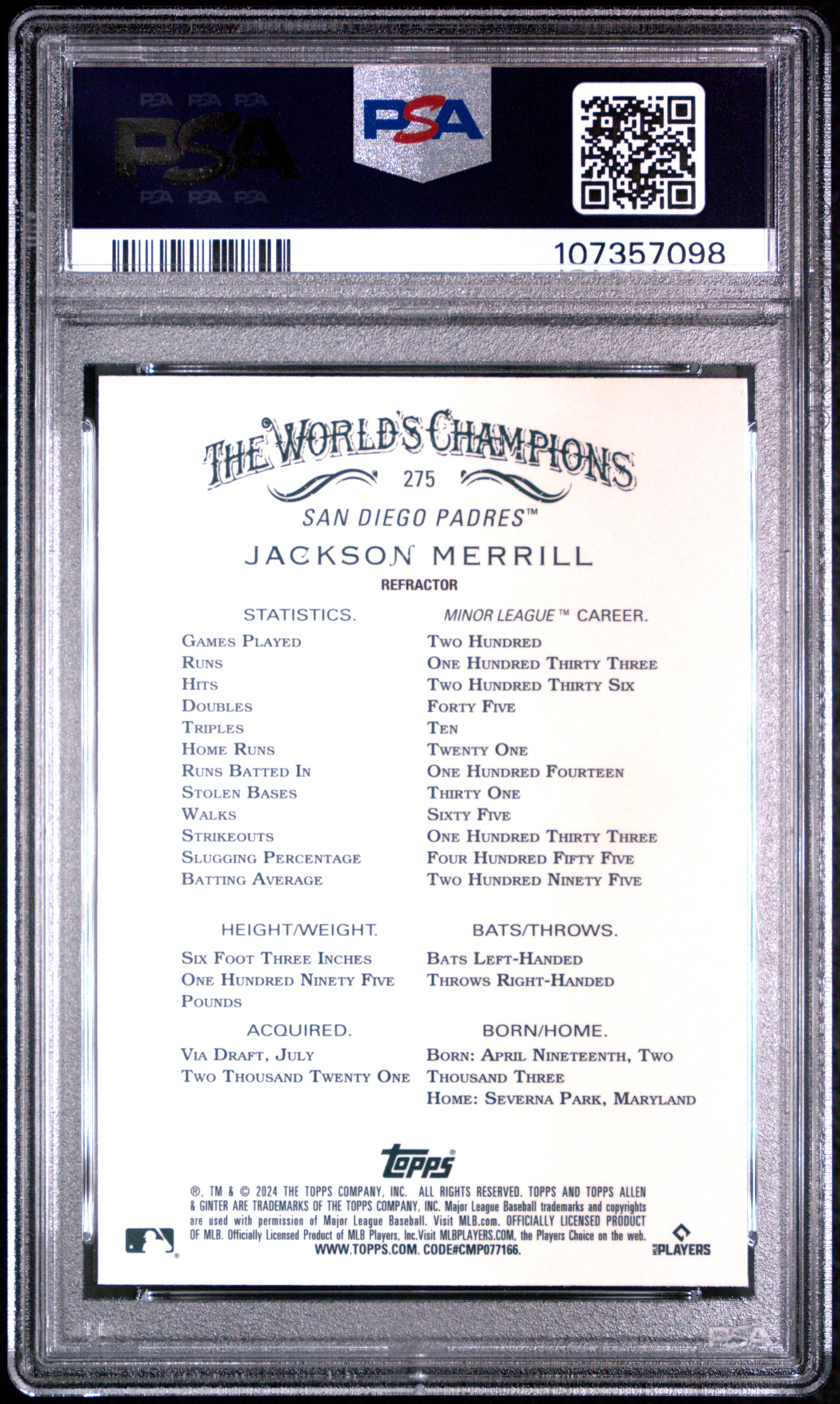 2024 Topps Allen & Ginter Jackson Merrill Chrome Refractor #275 PSA 10 GEM MINT - Graded Sports Cards