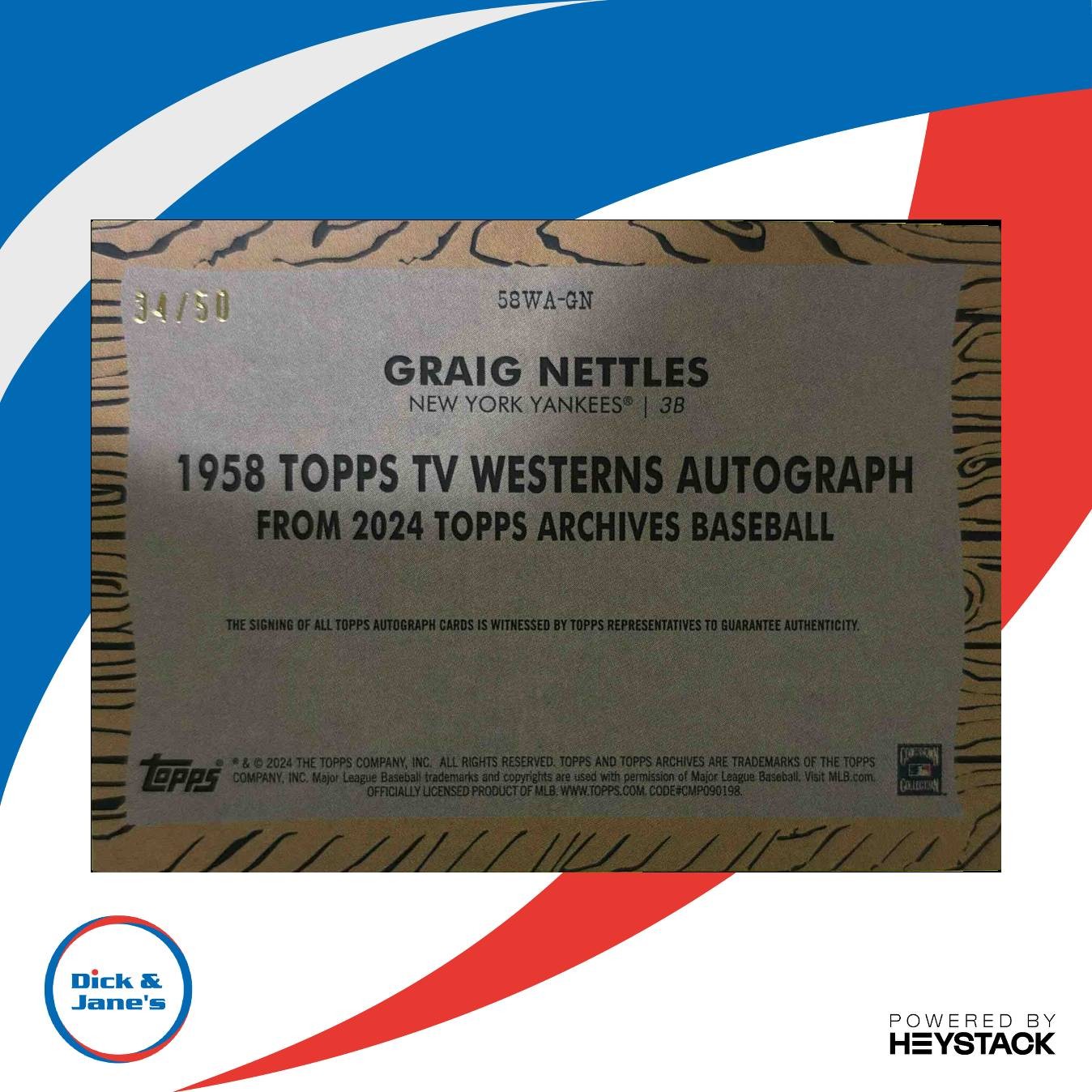 2024 Topps Archives Craig Nettles 1958 TV Westerns Auto Gold Foilboard 34/50 - Sports Cards