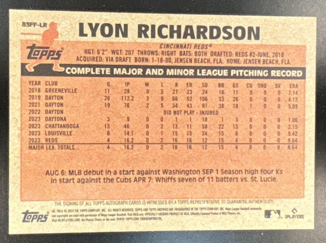 2024 Topps Archives Lyon Richardson 1983 Fan Favorites Auto RC Cincinnati Reds - Sports Cards