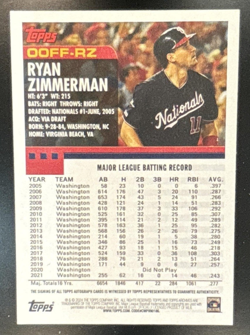2024 Topps Archives Ryan Zimmerman 2000 Fan Favorites Auto Washington Nationals - Sports Cards