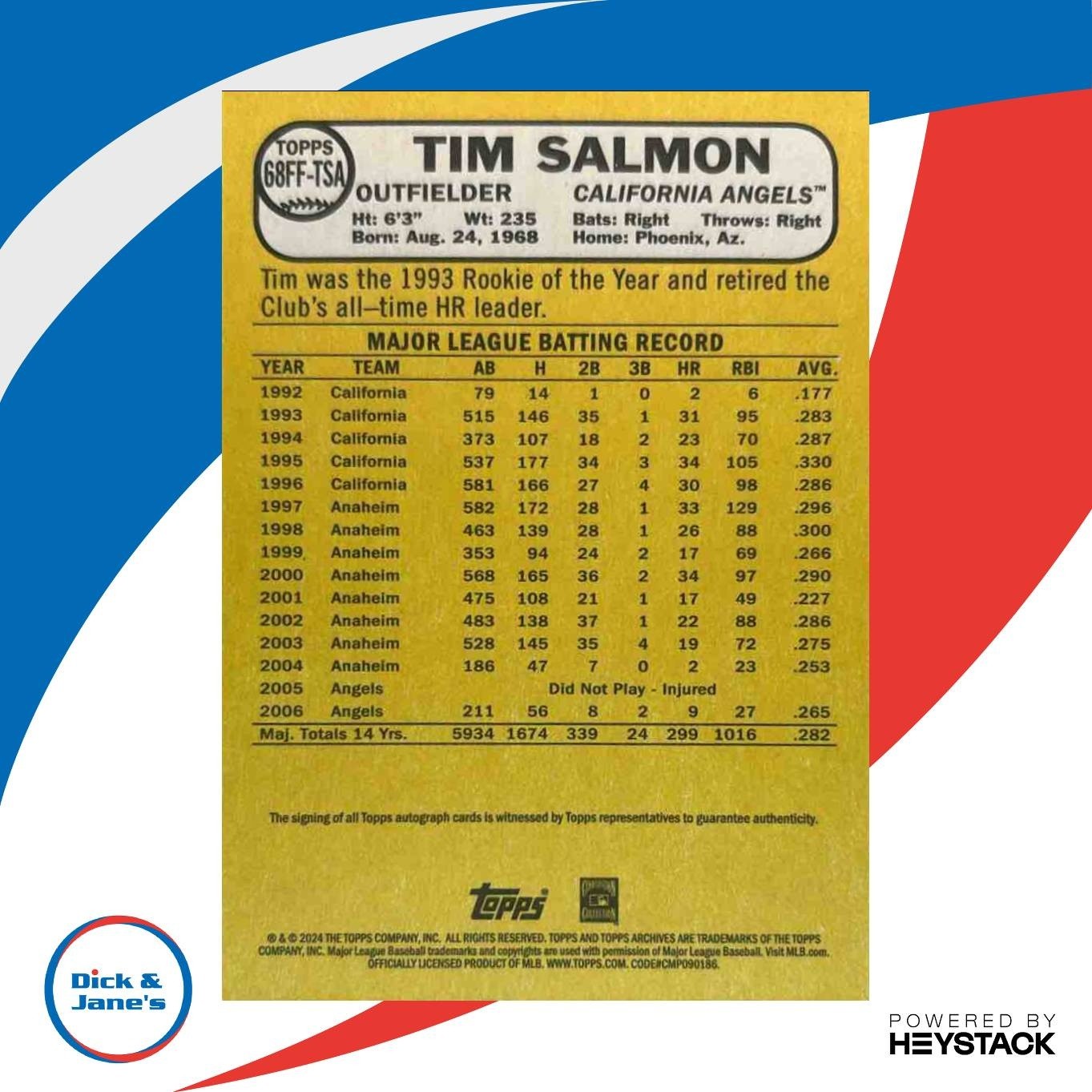 2024 Topps Archives Tim Salmon 1968 Fan Favorites Auto California Angels - Sports Cards