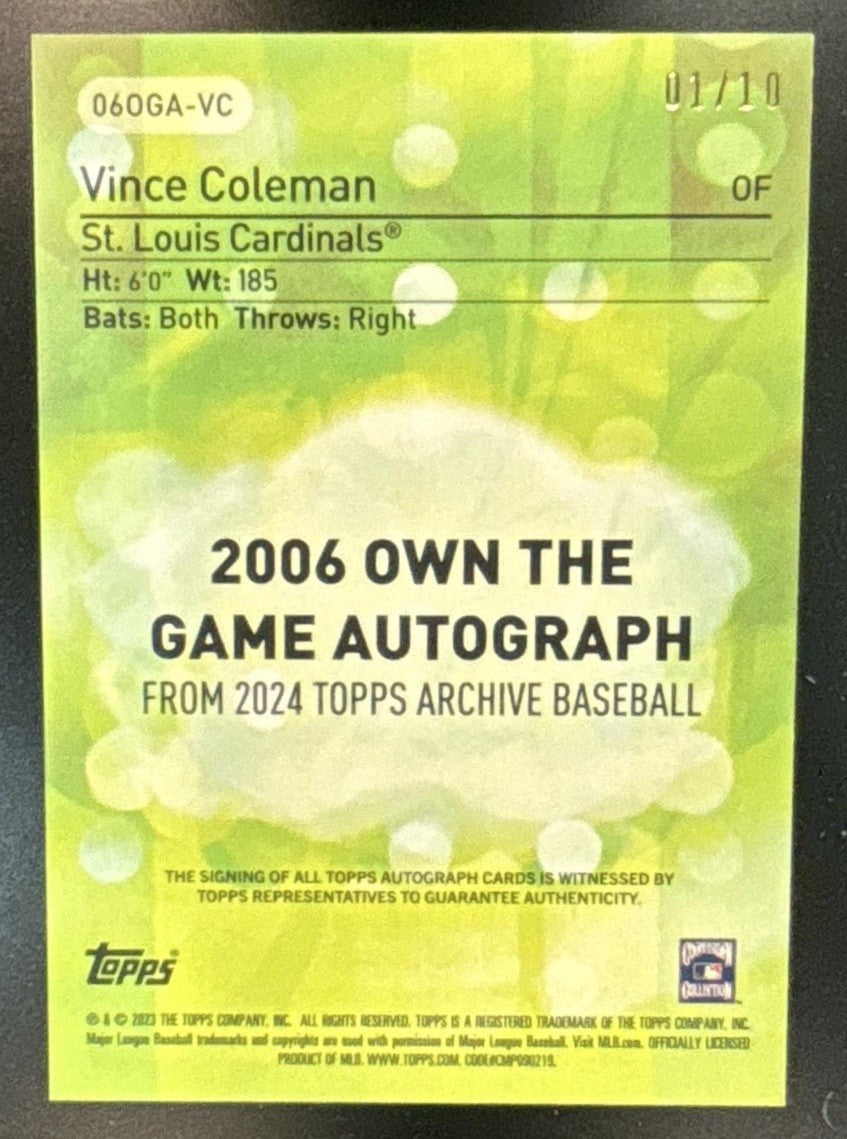 2024 Topps Archives Vince Coleman 2006 Own the Game Auto Red 1/10 Cardinals - Sports Cards
