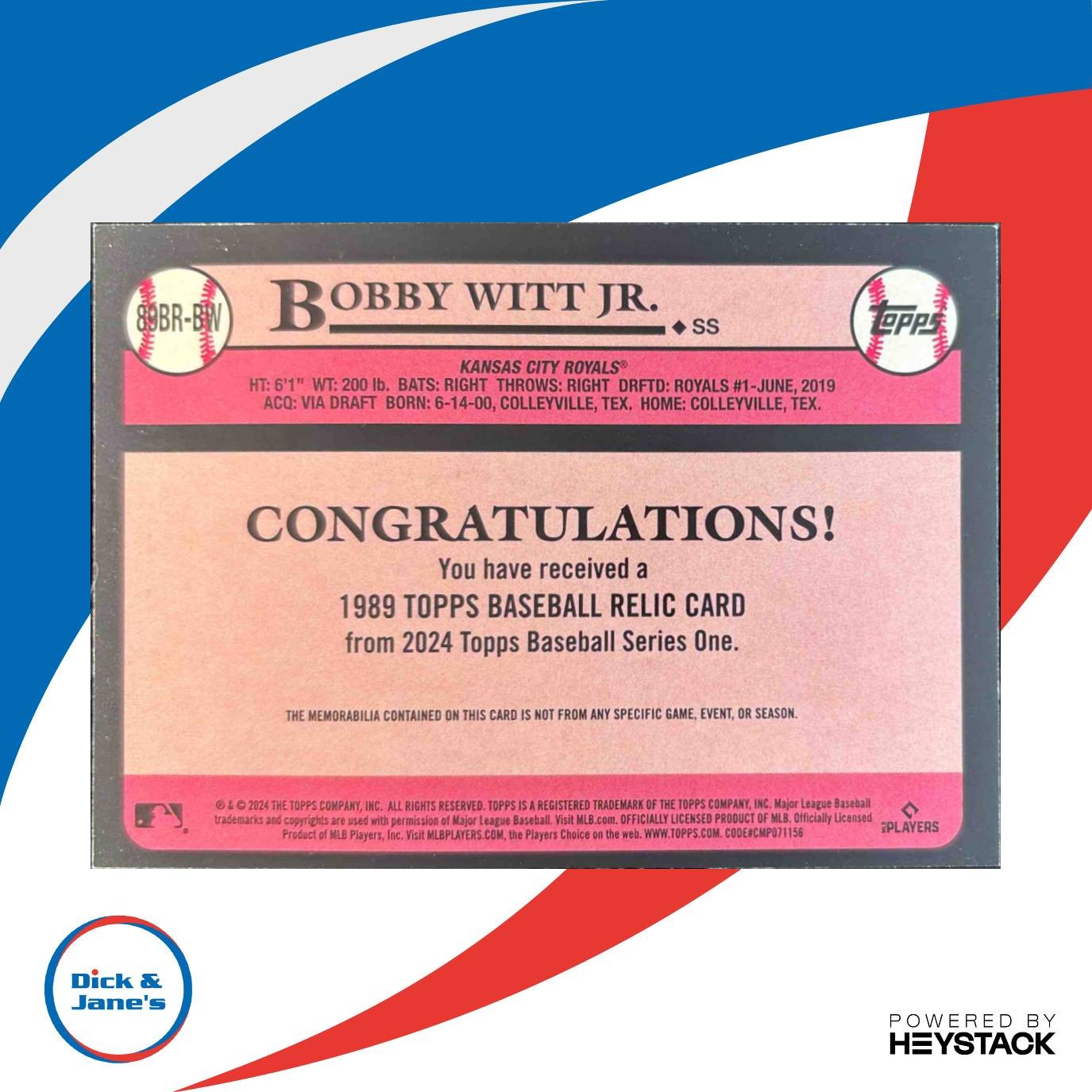 2024 Topps Bobby Witt Jr. 1989 35th Anniversary Relics MEM Kansas City Royals - Sports Cards